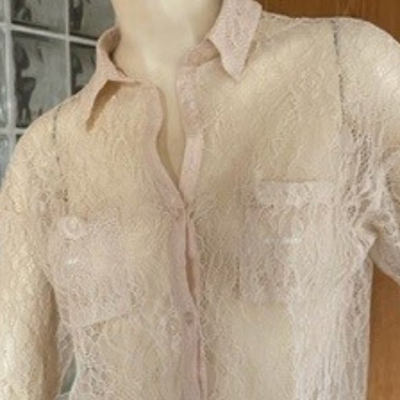 FREE PEOPLE LACE BLOUSE XSmall  Antique Ivory with Long Sleeves, Drop Shoulders - Picture 3 of 13
